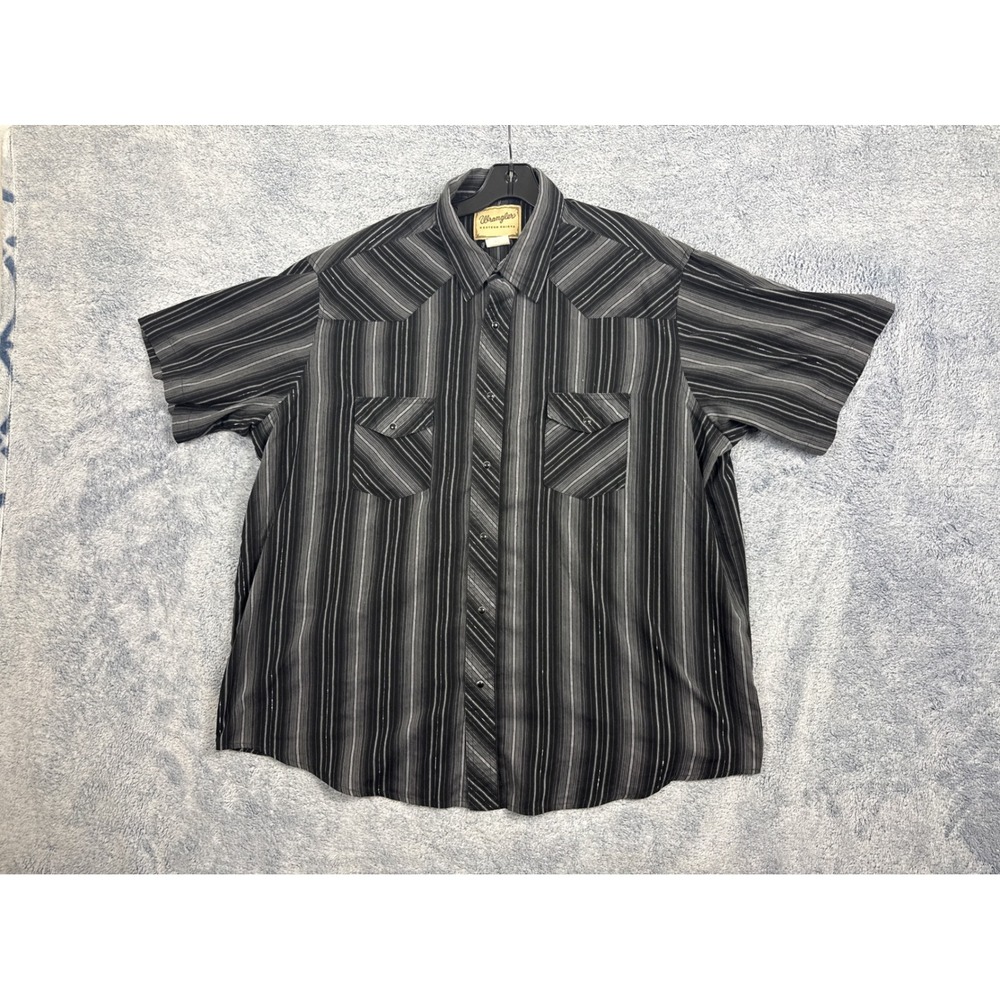 Wrangler Western Shirt Mens 2XL Black Grey‎ Stripe Pearl Snap Short Sleeve 9378